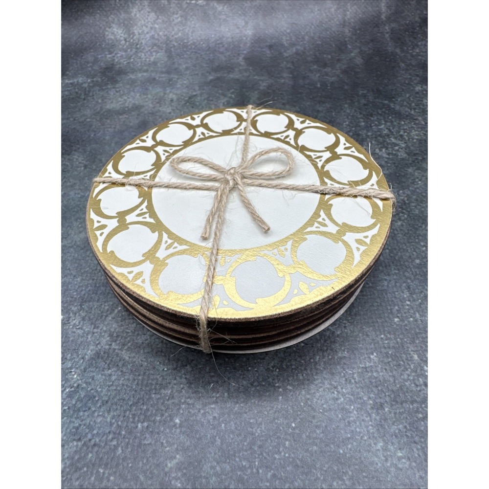 Pottery Barn‎ Drink Coasters Set 4 White & Gold Tile Pattern Cork Bottom Barware